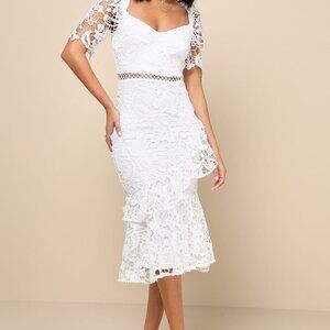 Lulus Briarwood White Lace Ruffled Midi Dress